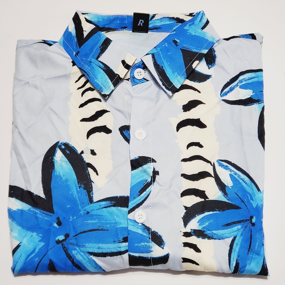Romwe Blue & White Tropical Floral Pattern Button Up Men's Short Sleeve Hawaiian